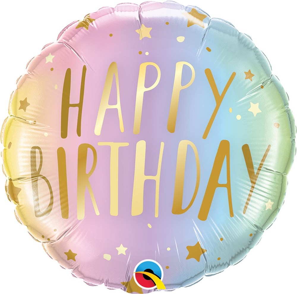 Round pastel ombre foil balloon with gold stars and "Happy Birthday" in gold letters.