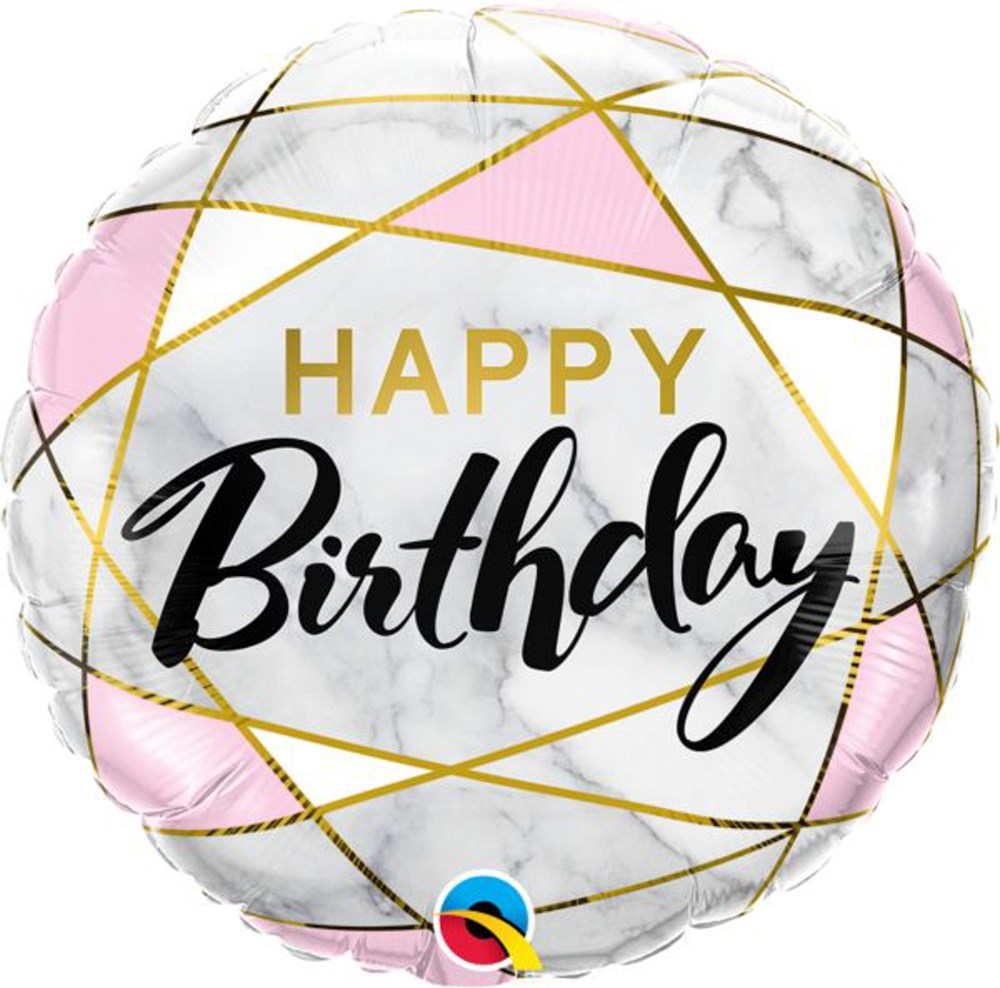 Round foil balloon with pink, white, and gray marble pattern, gold geometric lines, and "Happy Birthday" text in gold and.