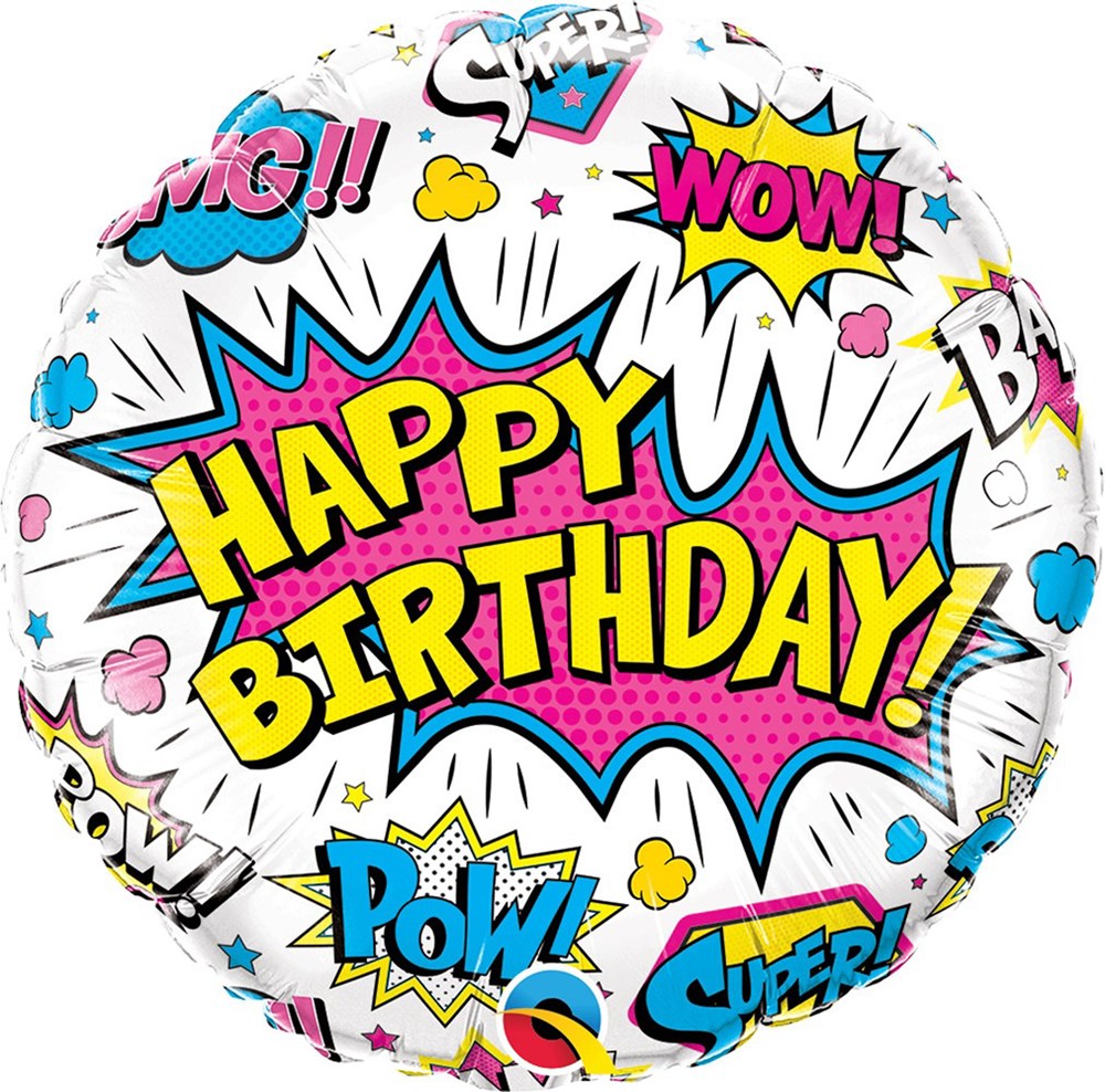 Round white foil balloon with colorful comic-style text and graphics saying Happy Birthday, Wow, Pow, and Super.