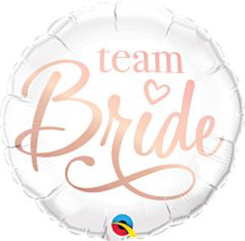 Round white foil balloon with rose gold "Team Bride" script and a small heart detail.