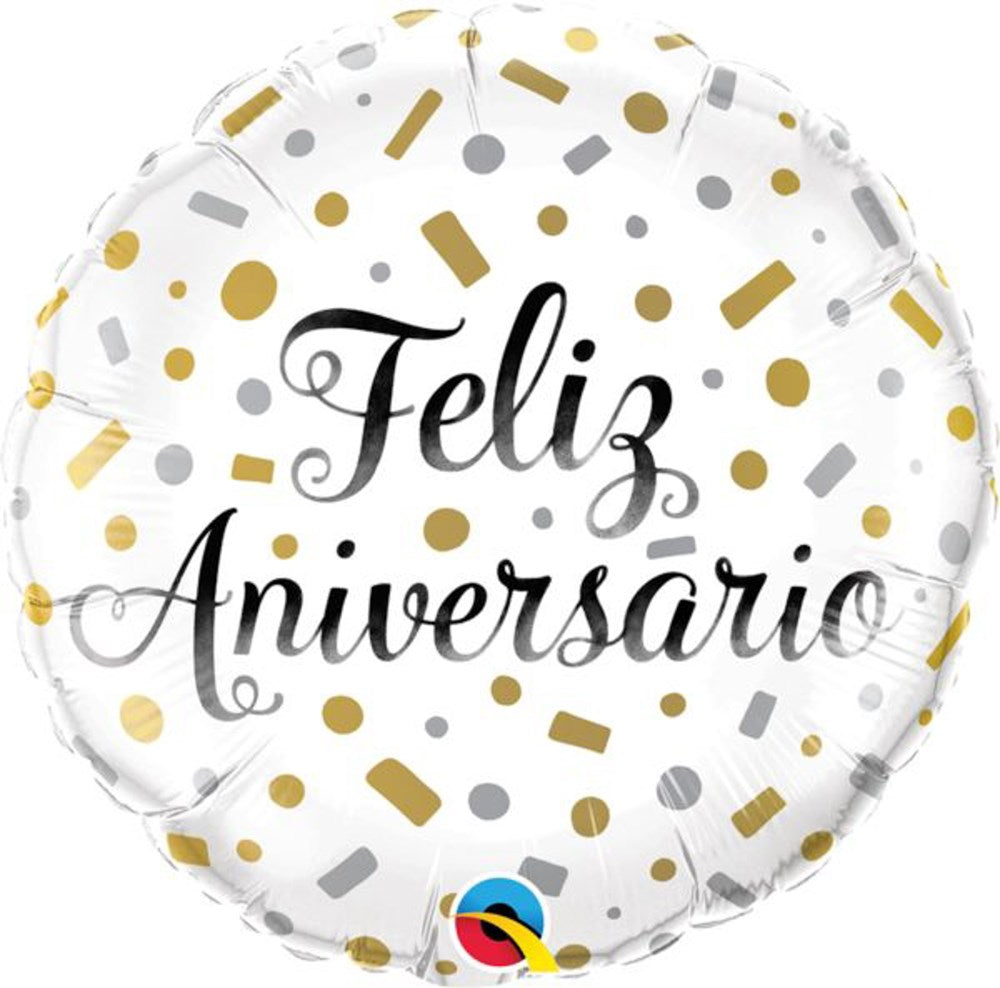 Round white foil balloon with gold and silver confetti dots and "Feliz Aniversario" in black script.