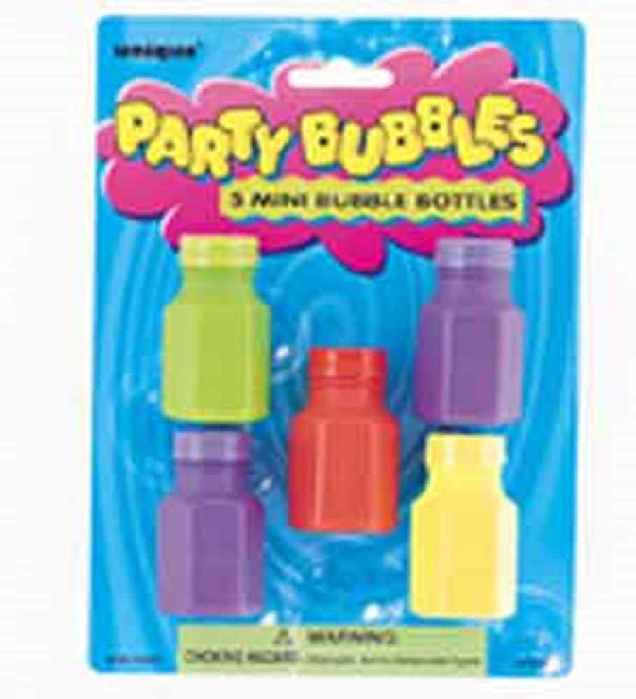 Five colorful mini bubble bottles in green, purple, orange, yellow, and pink on a blue backing card labeled Party Bubbles.