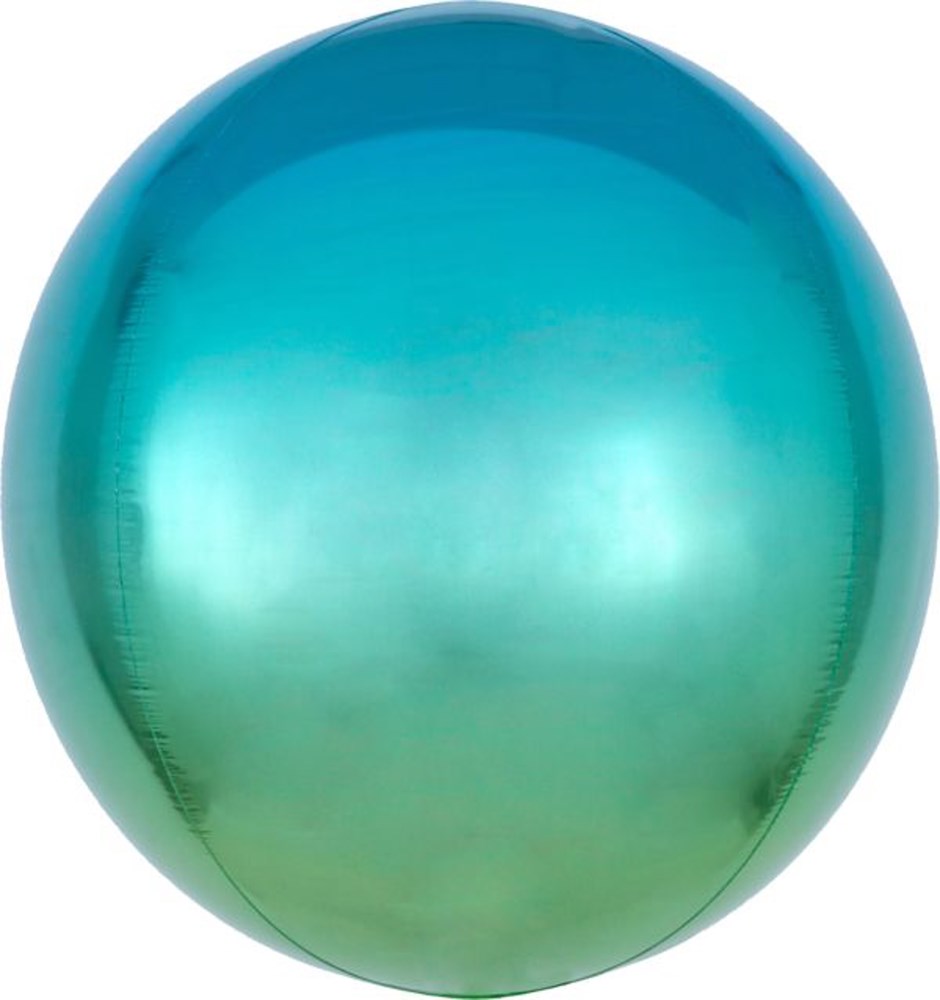 16-inch round balloon in blue and green ombre with a shiny, metallic finish.
