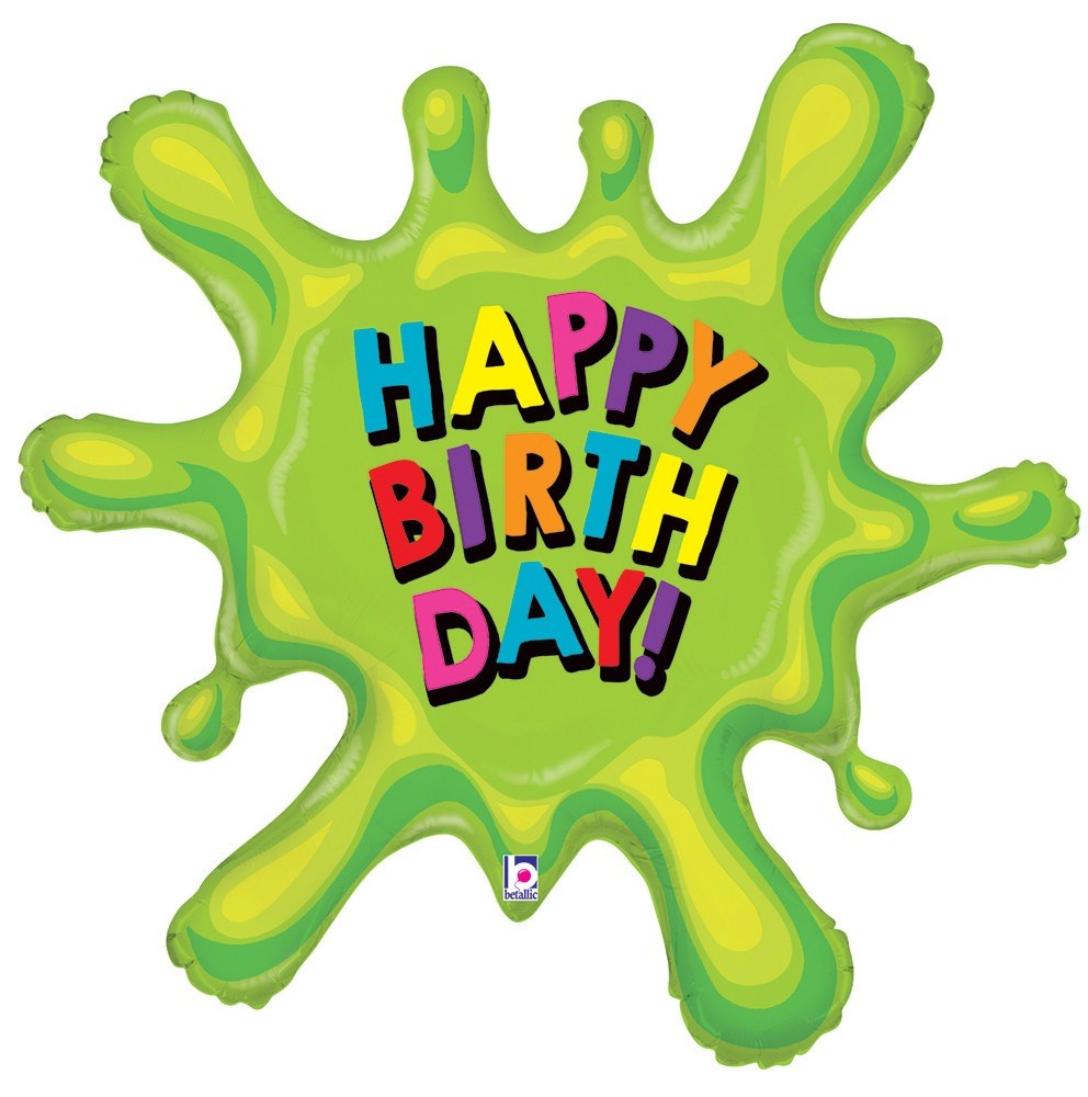 33-inch green slime-shaped foil balloon with colorful "Happy Birthday!" text.