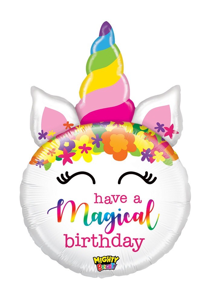 27-inch round foil balloon with colorful unicorn horn, ears, floral crown, and "have a magical birthday" text.