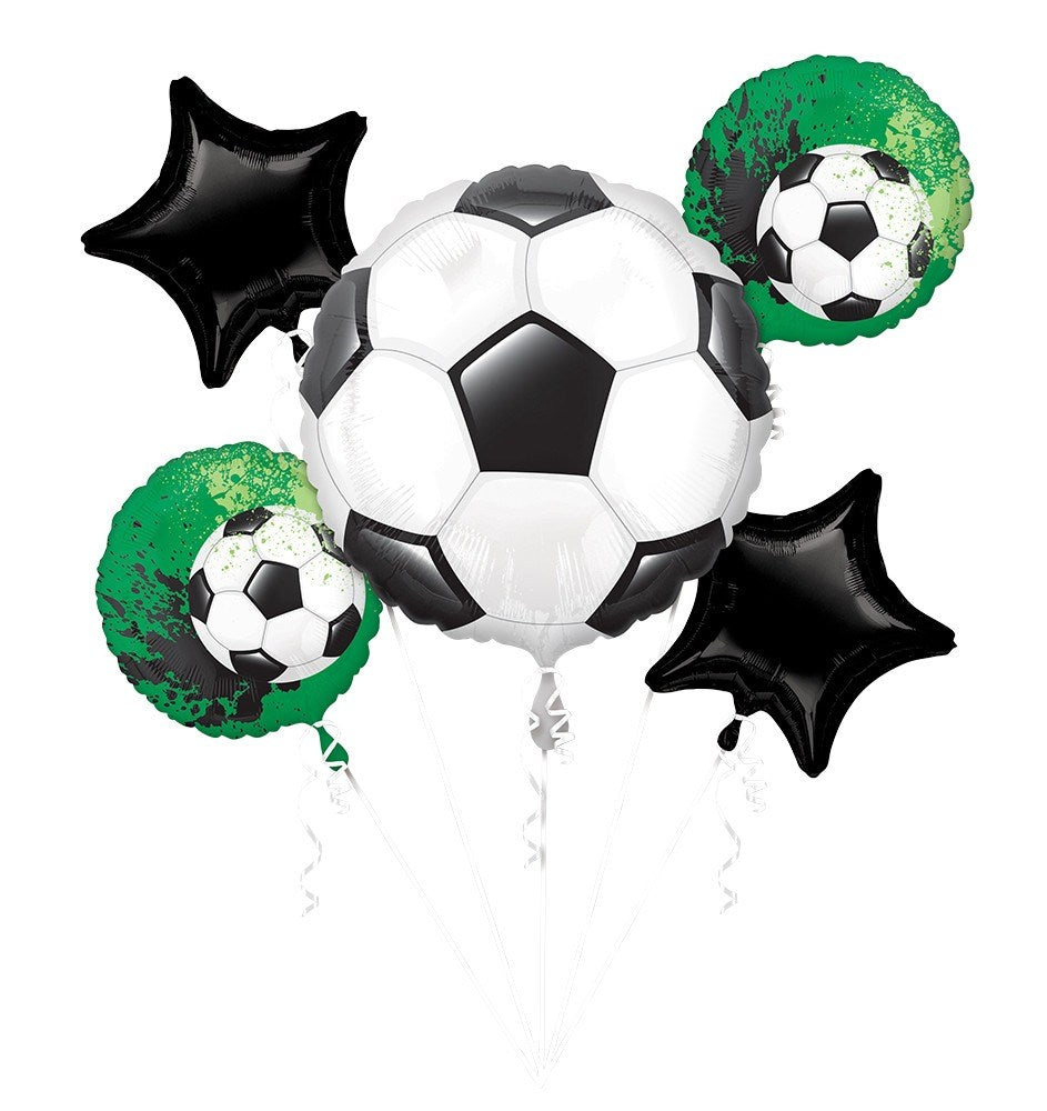 Black star-shaped foil balloons with white and black soccer ball foil balloons, and green round foil balloons with black and