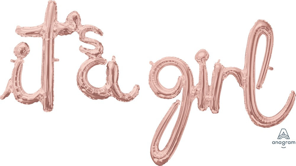 Rose gold foil balloon spelling out "It's a girl" in cursive script style, 60x29 inches.