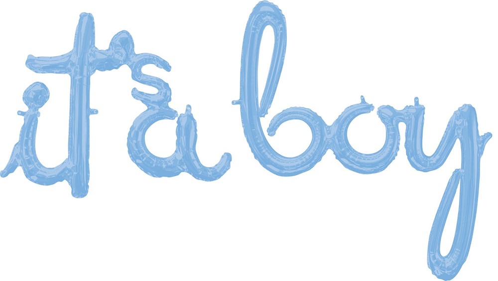 Light blue foil balloon set spelling "it's a boy" in cursive script, 60in by 29in.
