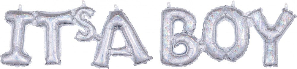 Silver foil balloons forming the phrase "It's a Boy" with block-style letters, 42x9 inches.