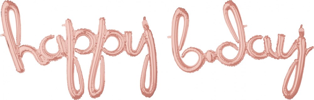 Rose gold metallic foil balloon spelling out "happy b.day" in connected script letters, measuring 76x27 inches.