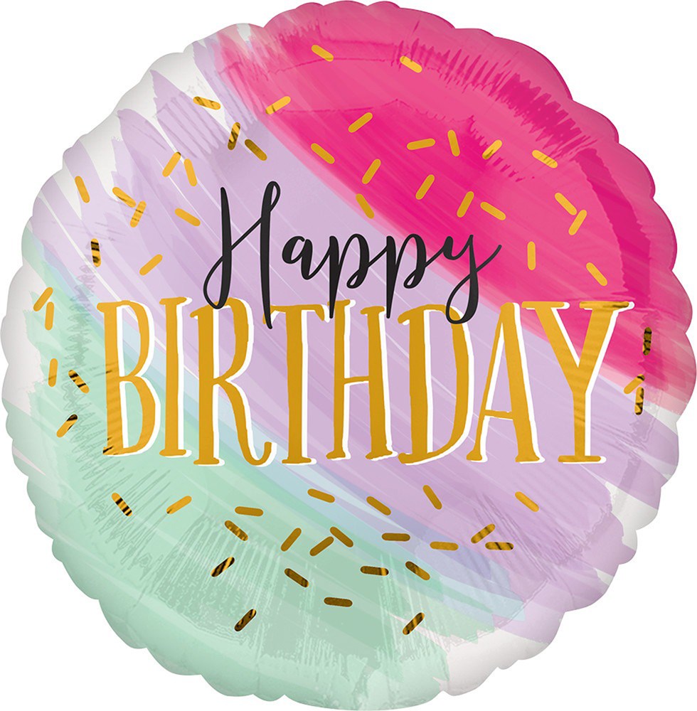 Round foil balloon with pink, white, and green watercolor background and gold confetti accents, "Happy Birthday" in black.