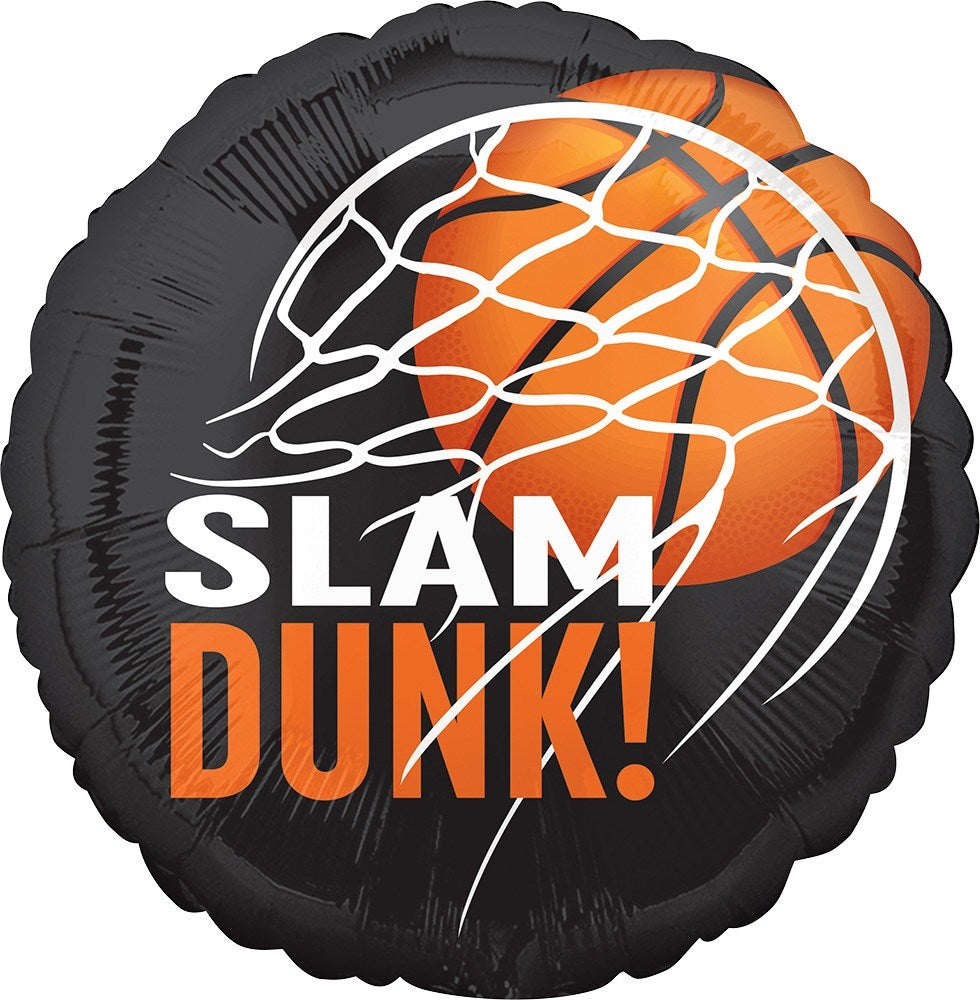 Round black foil balloon featuring a basketball and white net design with "SLAM DUNK!" text in white and orange.