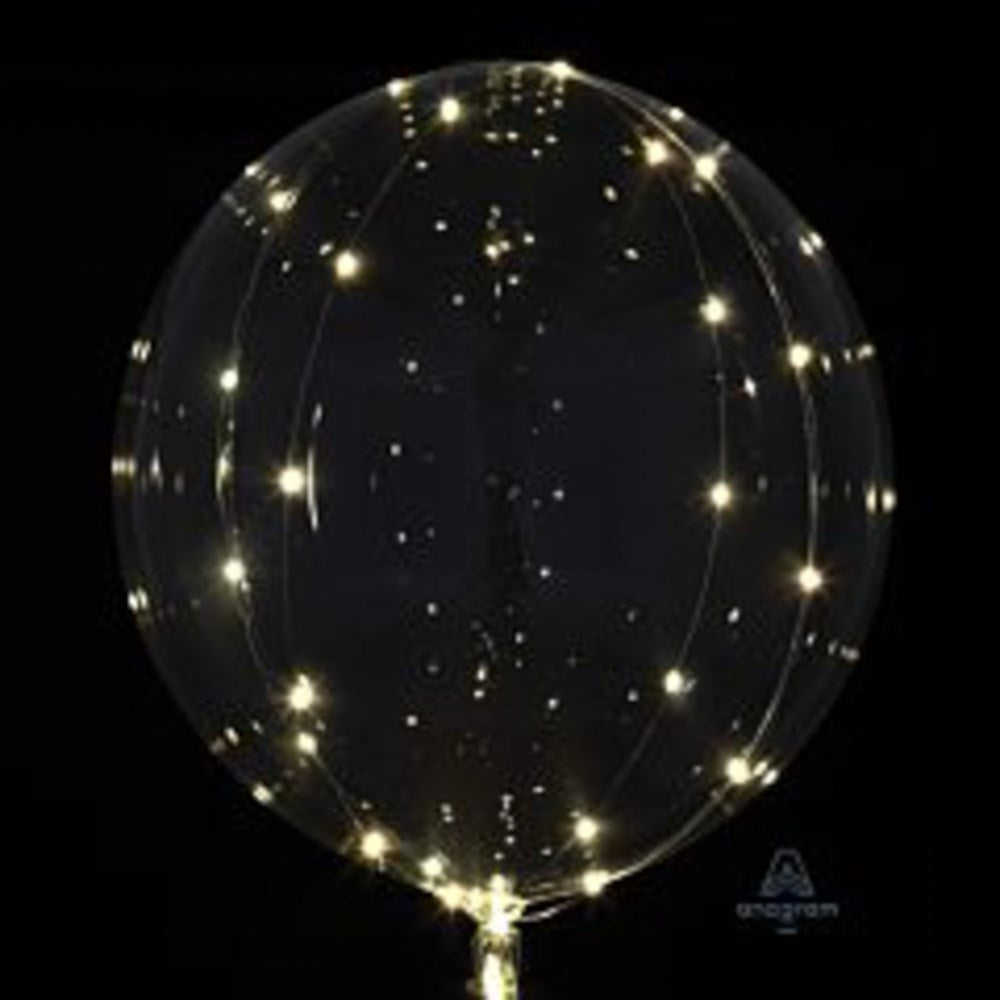 18-inch transparent round foil balloon with white LED lights inside, shimmering effect.