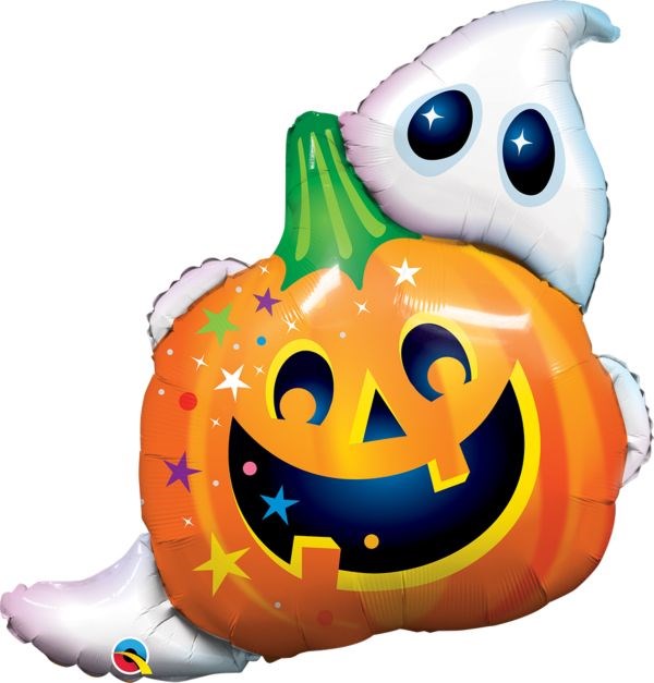 Orange jack-o'-lantern foil balloon with smiling face and white ghost peeking from behind.