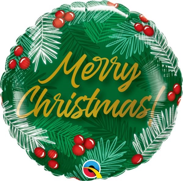 Round green foil balloon with white pine branches, red berries, and gold "Merry Christmas" lettering.