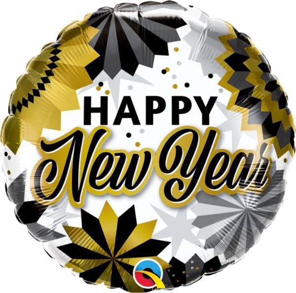 Round foil balloon with black, gold, and silver fan designs and "Happy New Year" text.