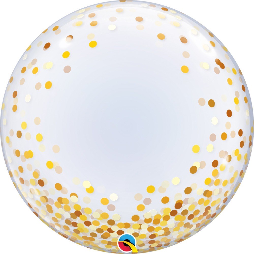 Transparent bubble balloon filled with scattered gold confetti dots, round shape.