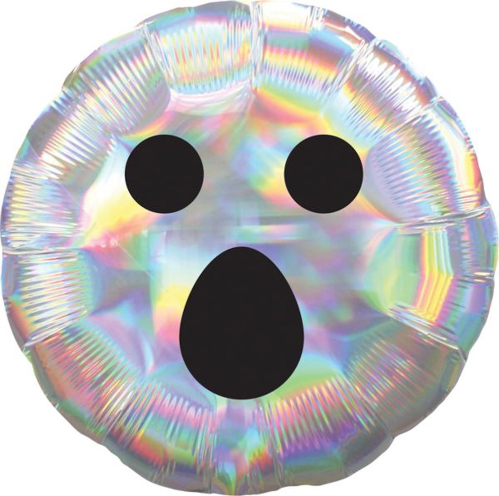Round iridescent foil balloon with black ghost face featuring wide eyes and open mouth, 18 inches.
