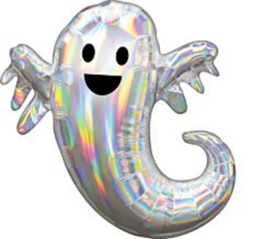14in iridescent silver ghost foil balloon with black eyes and smiling mouth, Halloween themed.