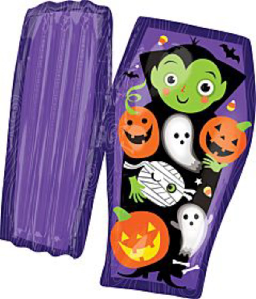 Purple foil balloon shaped like an open coffin with Dracula, pumpkins, ghosts, and bats design.