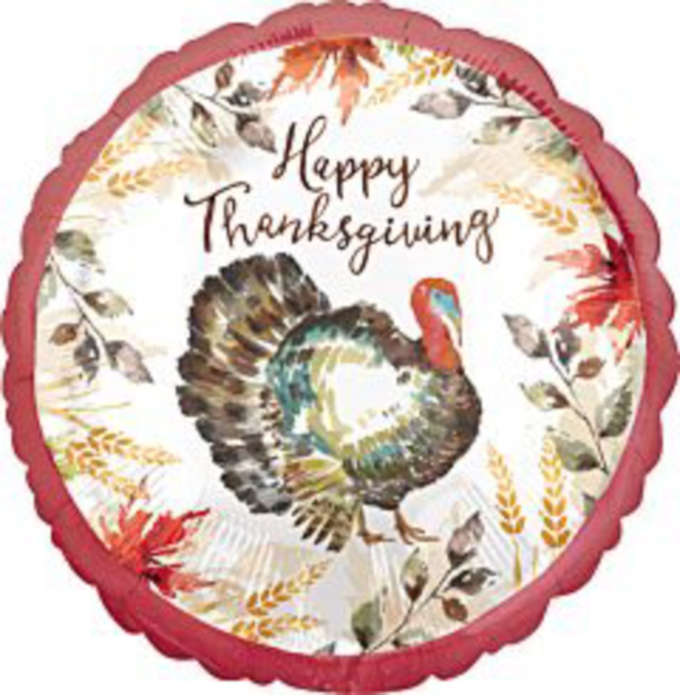 Round foil balloon with a colorful turkey illustration, autumn leaves, and "Happy Thanksgiving" text.