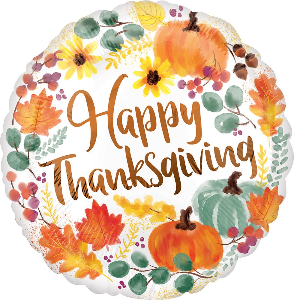 Round foil balloon with watercolor pumpkins, autumn leaves, and "Happy Thanksgiving" text in brown cursive.