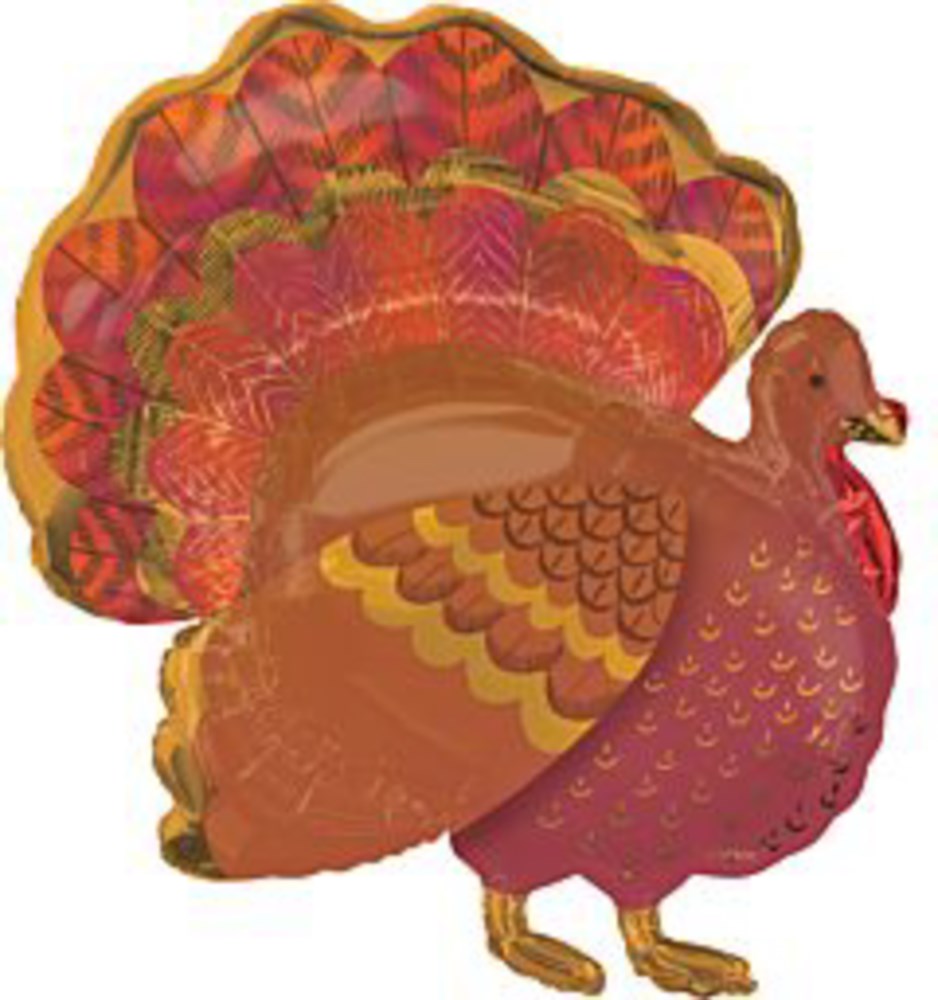 32-inch foil balloon shaped like a colorful Thanksgiving turkey with detailed feather patterns in red, orange, and yellow.