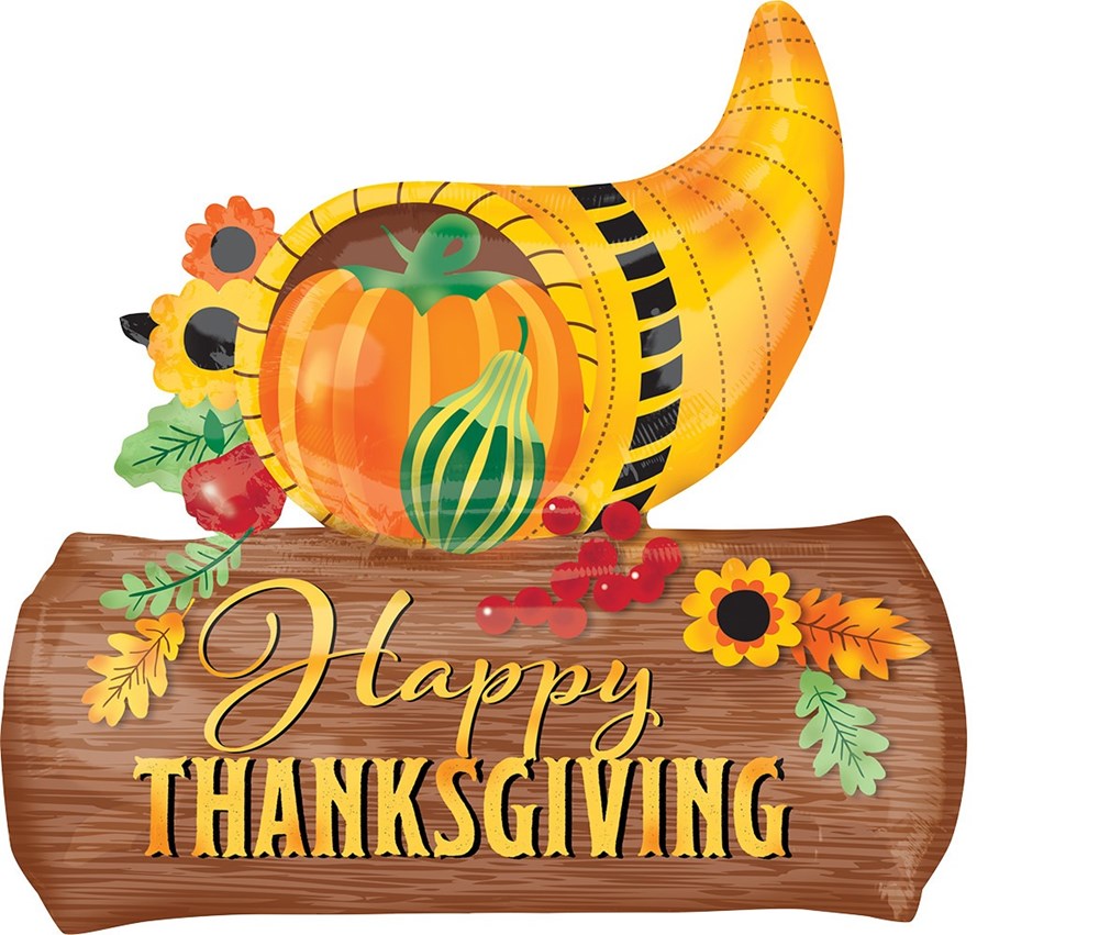 28-inch foil balloon shaped like a cornucopia with pumpkins and gourds, attached to a wood-textured "Happy Thanksgiving".
