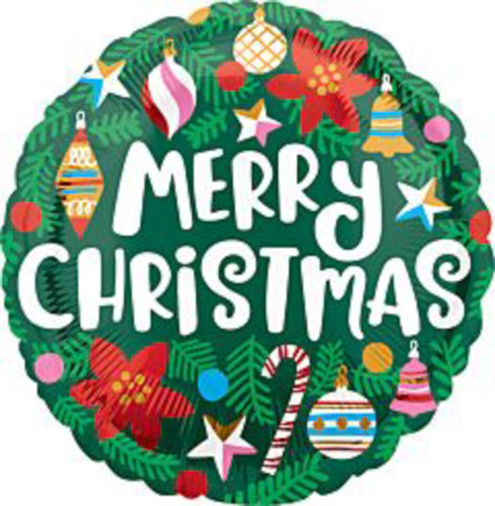 Round green foil balloon with pine needle edging, white "Merry Christmas" text, and colorful Christmas ornaments and candy.