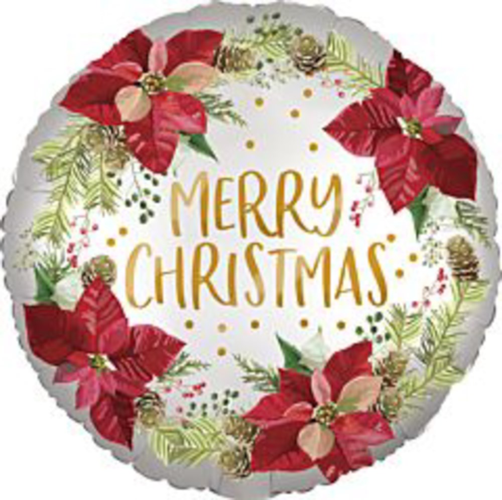 Round foil balloon with red satin poinsettias, green foliage, and "Merry Christmas" in gold script.