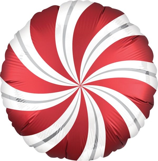 Round 18-inch foil balloon with red and white spiral swirls, flat and satin infused finish.