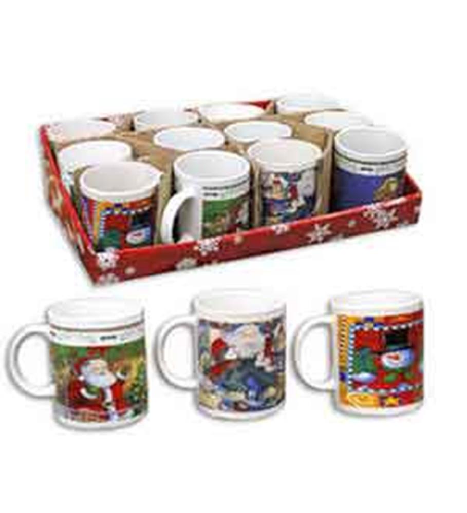 Set of ceramic Christmas mugs with colorful festive holiday designs including Santa Claus and winter scenes in a red.