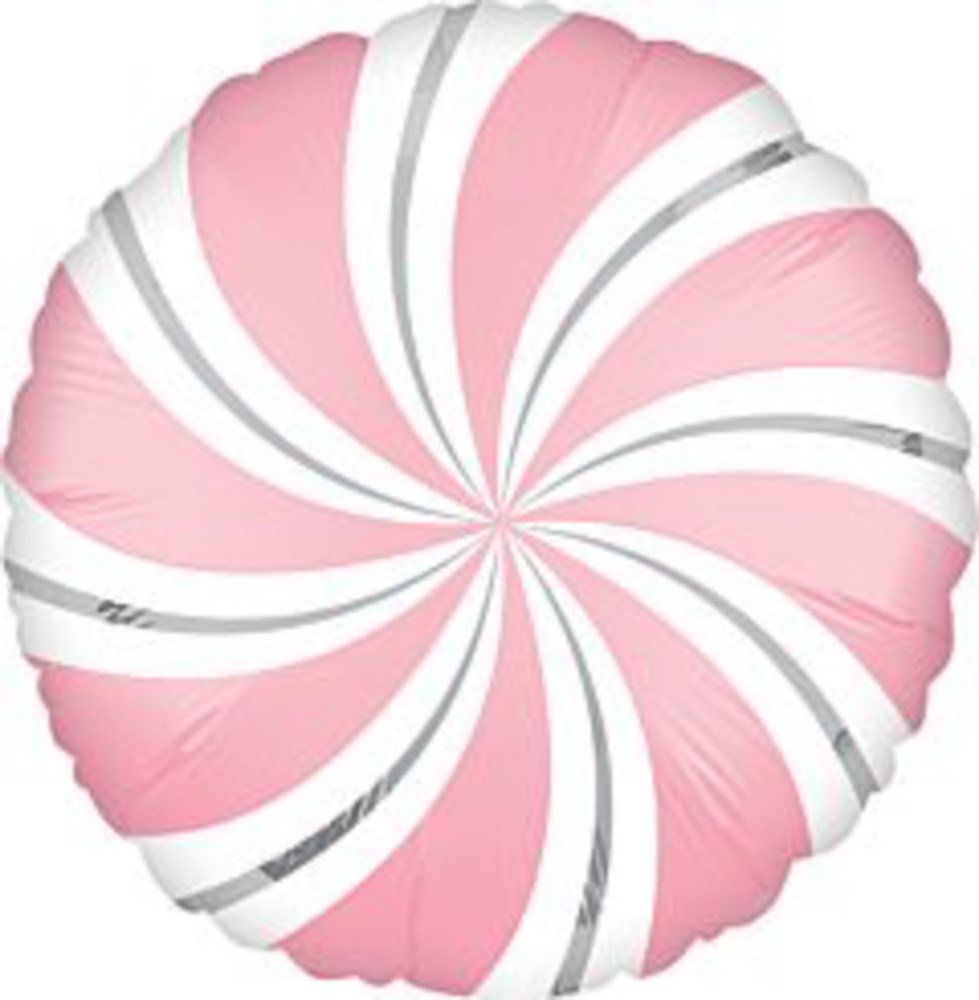18-inch round foil balloon with pink and white candy swirl design and silver accents, flat and uninflated.