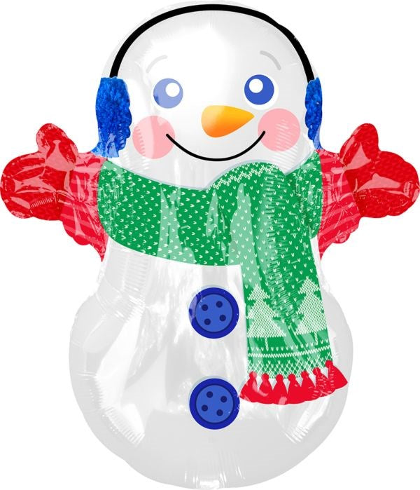 21-inch foil snowman balloon with blue earmuffs, green scarf, red mittens, and big blue buttons.