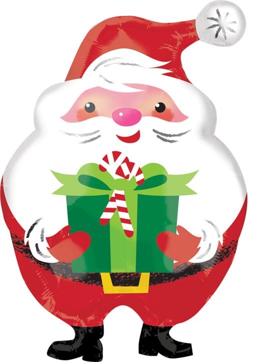 Round foil balloon shaped as a jolly Santa Claus holding a green gift with candy canes, wearing red suit and hat.