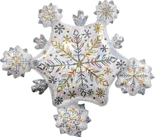 Holographic silver foil balloon shaped like a 32-inch snowflake with multicolored glittery snowflake patterns.