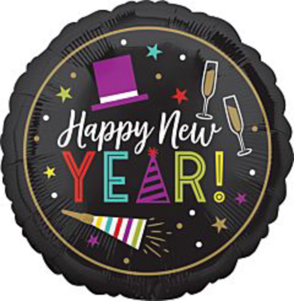 Black 17-inch round foil balloon with colorful "Happy New Year!" text, party hat, top hat, champagne glasses, and confetti.