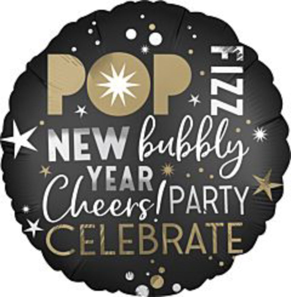 18-inch black foil balloon with gold and white New Year party text and festive star and bubble designs.