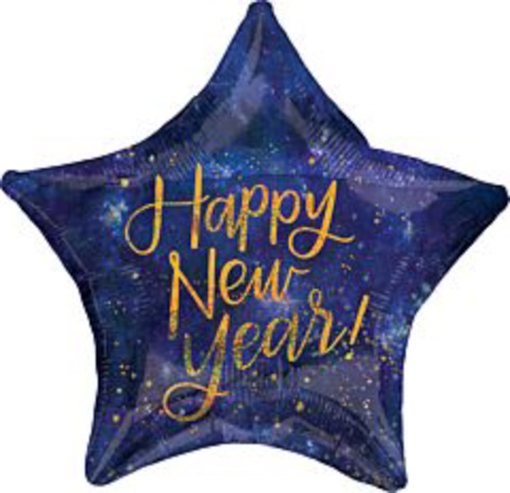 Navy blue star-shaped foil balloon with holographic sparkle and gold "Happy New Year!" text.