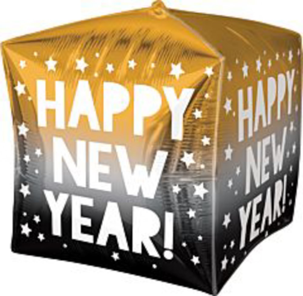 Gold and black cube foil balloon with white "Happy New Year!" text and star patterns.