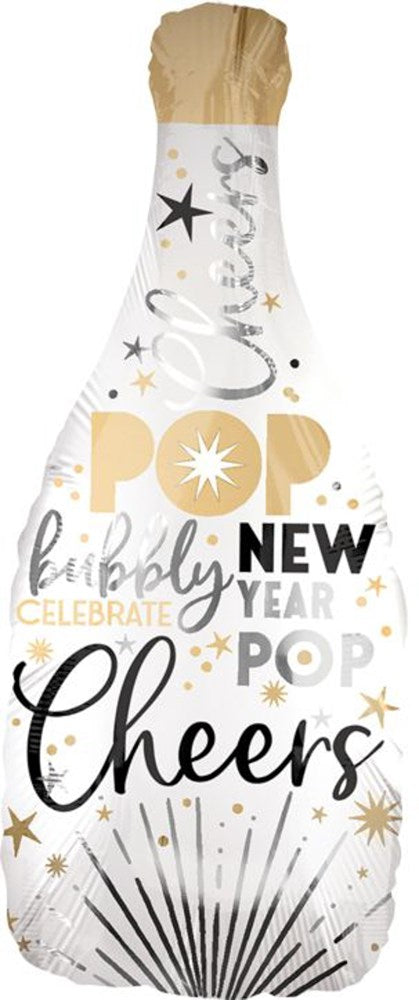White satin foil balloon shaped like a champagne bottle with gold, black, and silver New Year’s celebratory text and.