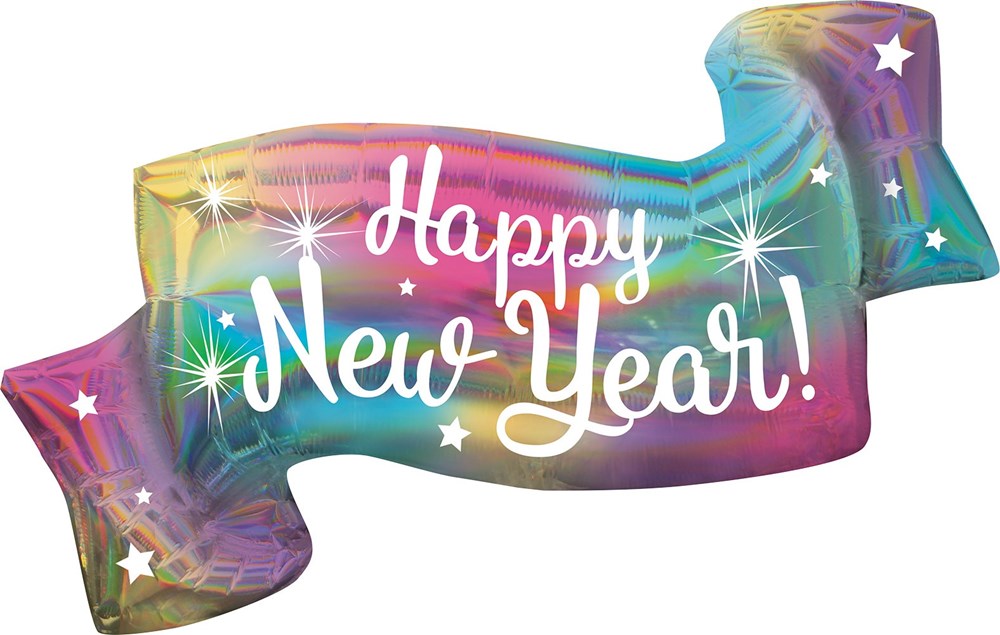 Holographic ribbon banner with rainbow gradient, white "Happy New Year!" text, and star accents.