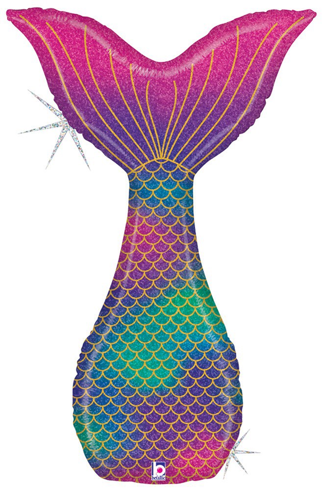 42-inch holographic foil balloon shaped like a glittery pink and blue mermaid tail with gold scale accents.