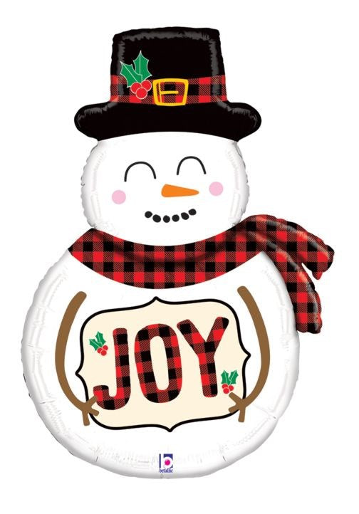 39-inch foil balloon shaped like a snowman with a black and red buffalo plaid hat and scarf, smiling face, and the word JOY.