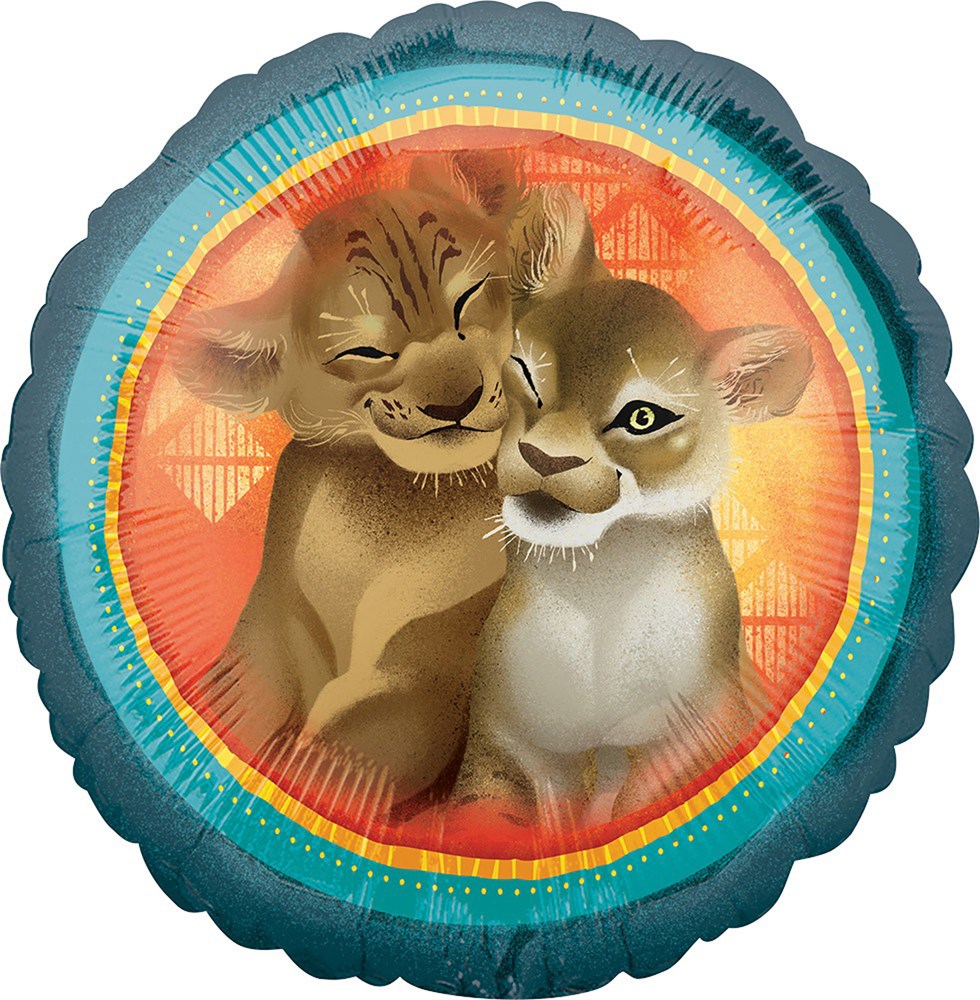 Round foil balloon featuring two smiling lion cubs against a sunset background with teal and orange border.