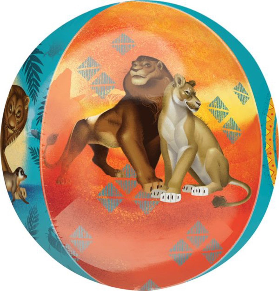 Round foil balloon with Lion King Simba and Nala against a sunset background in warm orange and teal colors.