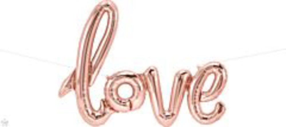 Rose gold foil balloon spelling "love" in cursive script, 40-inch size.