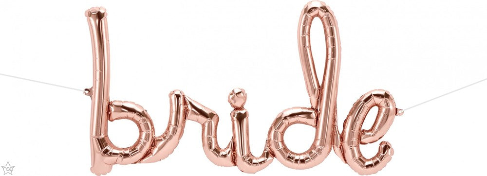 Rose gold foil balloon spelling "bride" in flowing script, 33 inches long.