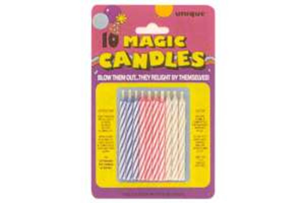 Pack of 10 multicolor twisted birthday candles with white holders on a pink and yellow backing card.