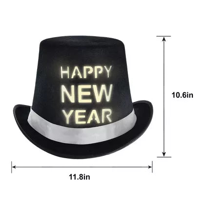 Black velvet top hat with white LED "Happy New Year" text and silver band measuring 11.8 by 10.6 inches.